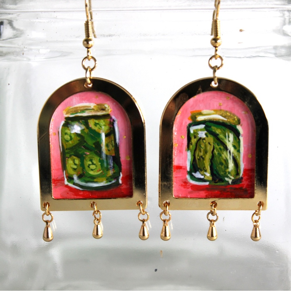 Hand painted Gold and Pink Pickle Earrings